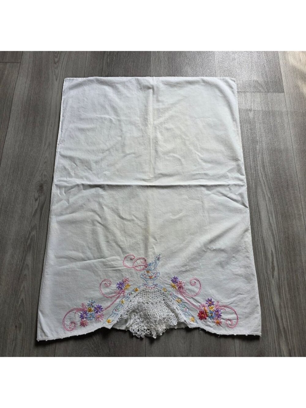 Handmade Vintage Embroidered Pillowcase Lady With Crochet Lace Skirt 28"x20"